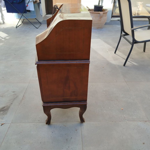 French Secretary Desk used, solid wood with marquetry and brass handles
