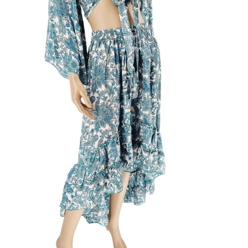 Long asymmetrical silk skirt new, turquoise and white