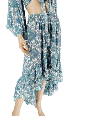 Long asymmetrical silk skirt new, turquoise and white