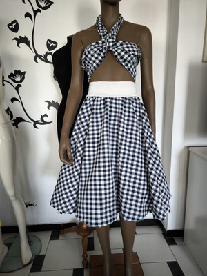 Set skirt and top handmade, new, white and blue checkered