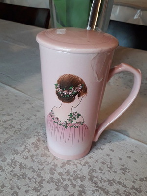 Romantic mug with lid and spoon new, pink