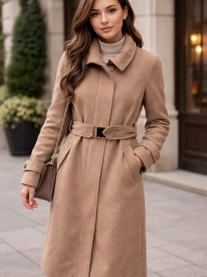 Μπεζ μακρύ παλτό Stradivarius μεταχειρισμένο με ζώνη