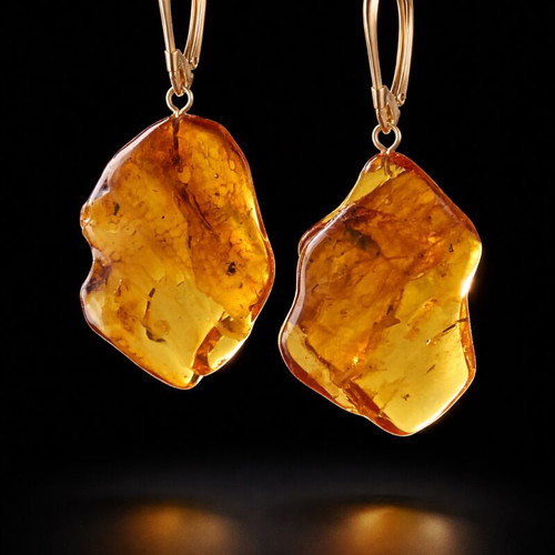 Natural Baltic Amber Earrings, 24K Gold Plated Silver925, Handmade
