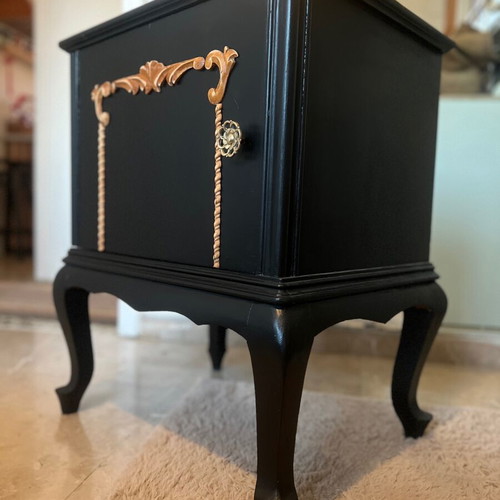 Antique Nightstand restored, black with carved wood details