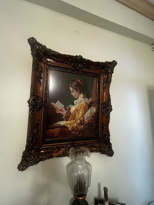 Vintage embroidered tapestry framed artwork 'A Young Girl Reading' by Jean-Honoré Fragonard