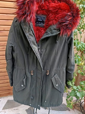 Bershka Parka Jacket Size S New Khaki with Red Synthetic Fur