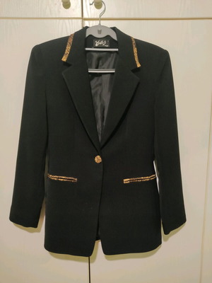 Black mid-length jacket with animal print and shoulder pads like new