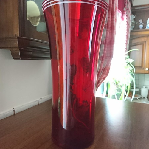 Bohemia Vase Ruby Glass with Enamel Flowers Like New