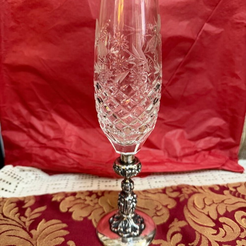 Silver Champagne Glass 22.5 cm English with ornate crystal, like new