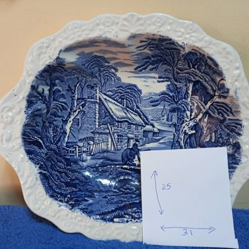 Old Foley Staffordshire cake plate by James Kent used, blue village scene