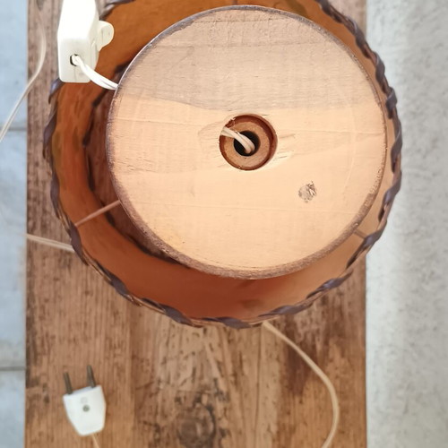 Vintage handmade wooden table lamp with paper shade used