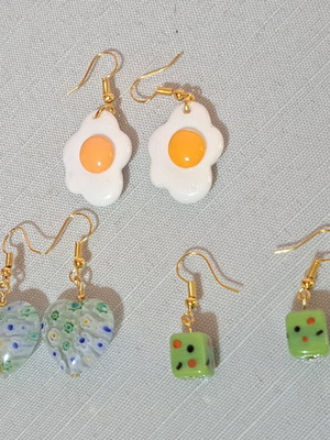 Set of 3 boho earrings with fried egg, dice and floral heart designs