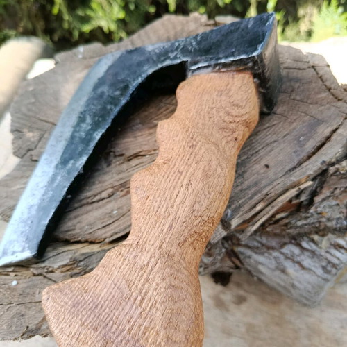 Antique hand axe used, oak handle with genuine leather