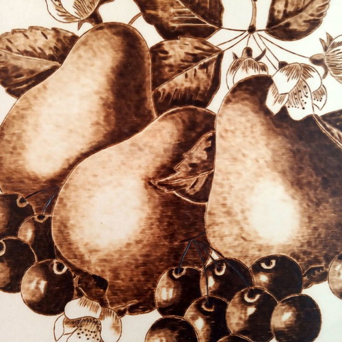 Still life pyrography painting new, signed work by Triantafyllos Xanthopoulos on poplar wood