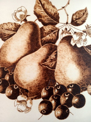 Still life pyrography painting new, signed work by Triantafyllos Xanthopoulos on poplar wood