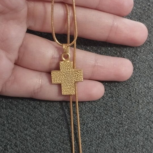 Necklace with gold color cross pendant and red rhinestones like new
