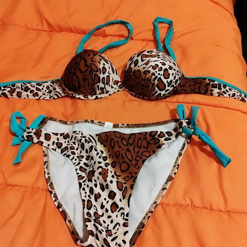 Leopard Print Bikini New, Size Large with Turquoise Straps