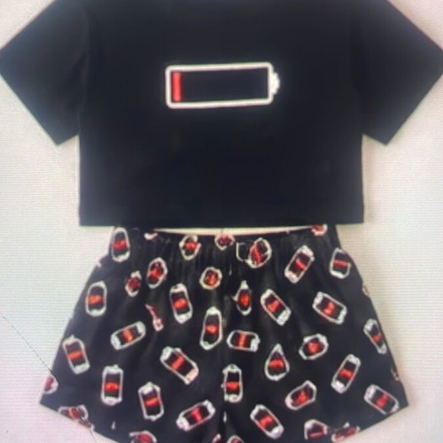 Shein summer pajama set, black with battery print