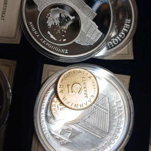 European coin collection with silver and gold-plated medals, pre-euro