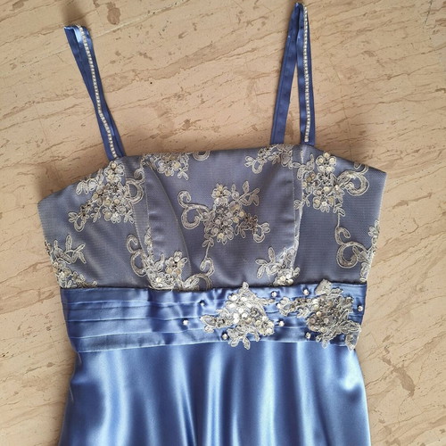 Satin evening dress with straps, lace bust and shawl, new, blue