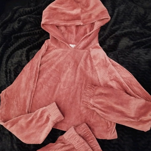 Vienetta Secret Velvet Cotle Sweatpants Set Hooded & Cropped No XL New Pink
