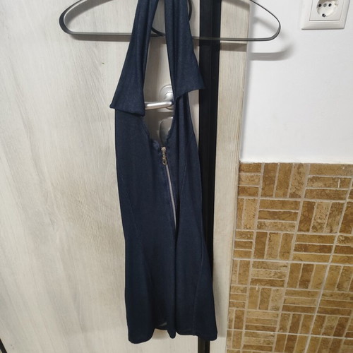 No Stress women's dress dark blue with collar, zipper and open back