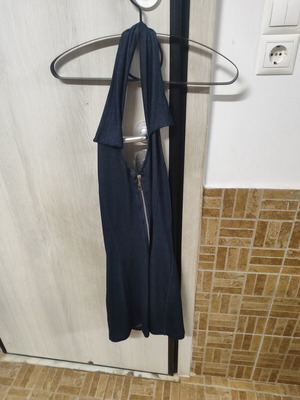 No Stress women's dress dark blue with collar, zipper and open back