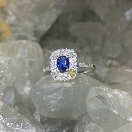 Handmade silver ring with natural blue sapphire and moissanites size 9