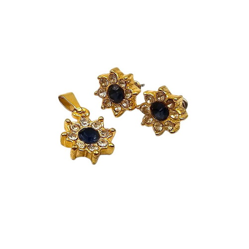 Faux bijoux earring and pendant set with white and blue rhinestones