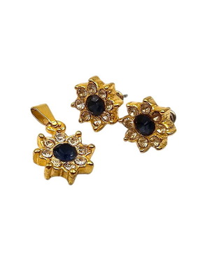 Faux bijoux earring and pendant set with white and blue rhinestones