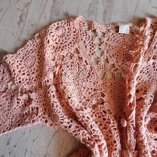 Crochet cardigan XL new, peach color with floral motifs