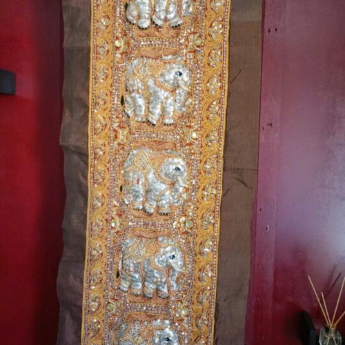 Burmese cloth with gold-embroidered elephants like new 1.50 by 50