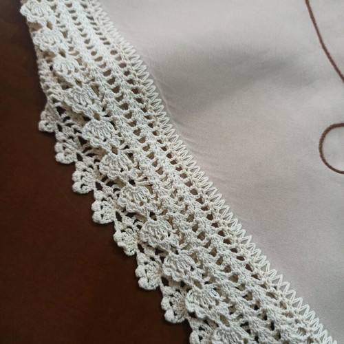 Tablecloth with lace used, embroidered floral design, beige