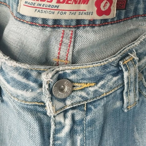 Miss Denim denim jeans used, bell-bottom, size 28, light wash with rips