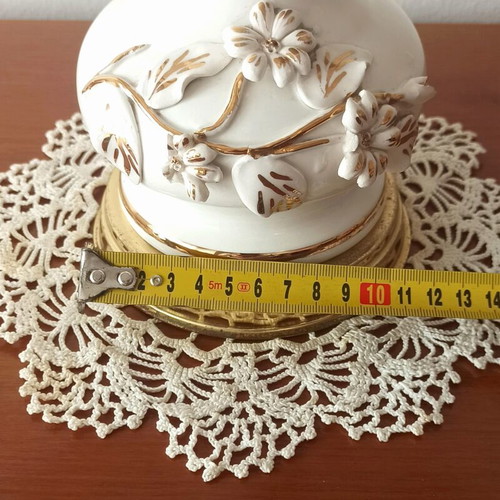 Vintage porcelain table lamp with fabric white shade and fringes used