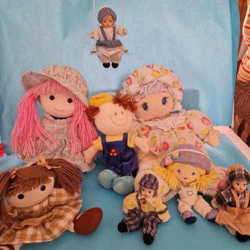 Cloth dolls new, set of 8 with 3 small ceramic-faced