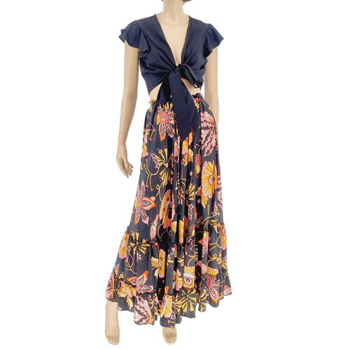 Long skirt new black with pink flowers one size Positano by Jean Paul