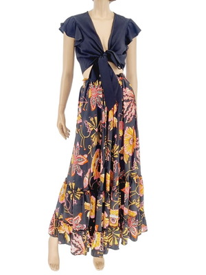 Long skirt new black with pink flowers one size Positano by Jean Paul