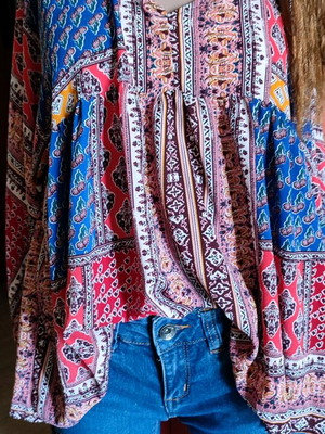 Blue Vanilla Patchwork Tunic Blouse like new, multicolor