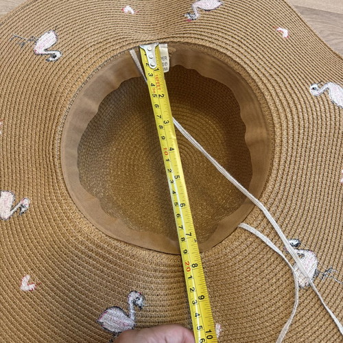 Flamingo Hearts Wide Brim Straw Sun Hat like new, beige