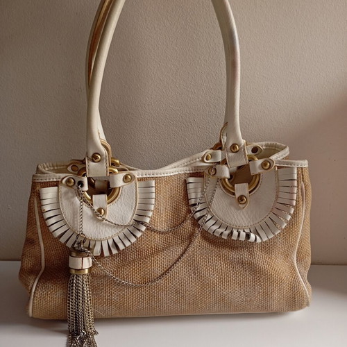 Luana rattan leather shoulder bag used, white beige