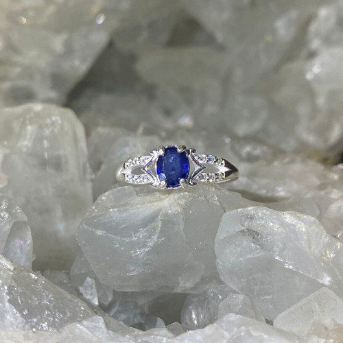 Handmade silver ring with natural blue sapphire and moissanites size 8