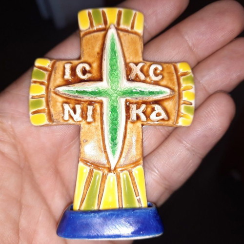 Ceramic tabletop cross new with base