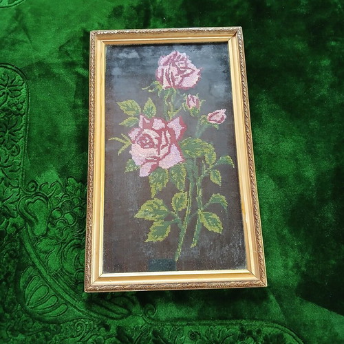Framed embroidery with pink roses