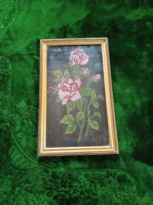 Framed embroidery with pink roses