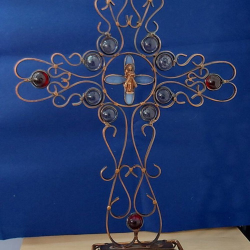 Oxyde brass table cross with decorative stones new