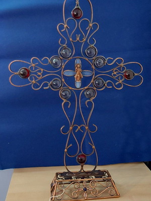Oxyde brass table cross with decorative stones new