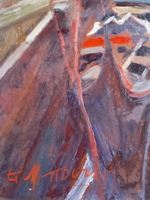 Oil painting of gondolas in Venice by Dora Bouki on hardboard