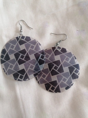 Statement handmade earrings with blue grey geometric design
