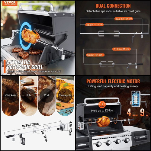 Vevor Charcoal Grill with Electric Rotisserie 100.6cm and Wheels